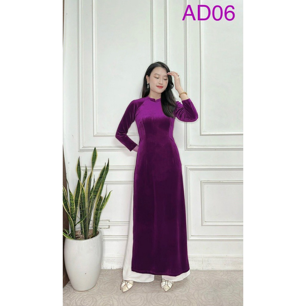 Áo Dài Truyền Thống Cho Mẹ Nữ Trung Niên Màu Trơn 2 Tà Nhung Tuyết Mềm Mịn Co Giãn May Sẵn Cổ Cao 2cm Thăng Long AD