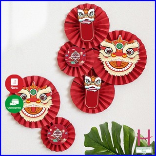 Set 6 quạt giấy đỏ ĐẦU LÂN 3 size trang trí Tết, quạt giấy đỏ trang trí chúc mừng năm mới { H }