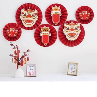 Set 6 quạt giấy đỏ ĐẦU LÂN 3 size trang trí Tết, quạt giấy đỏ trang trí chúc mừng năm mới { H }