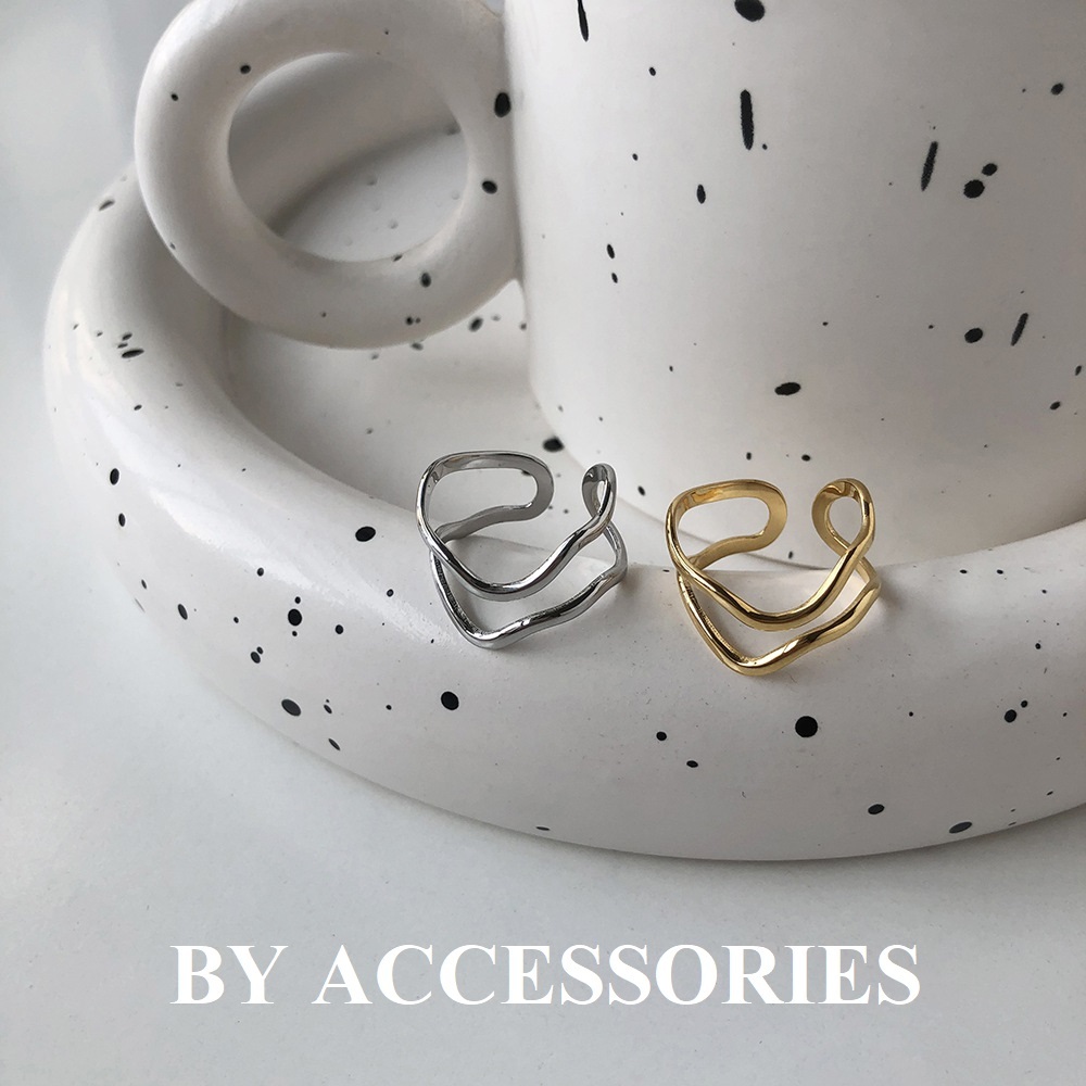 Nhẫn nam nữ unisex titan 2 vòng gợn sóng dáng chữ V kiểu hở Freesize không gỉ thời trang WR2349 BY ACCESSORIES