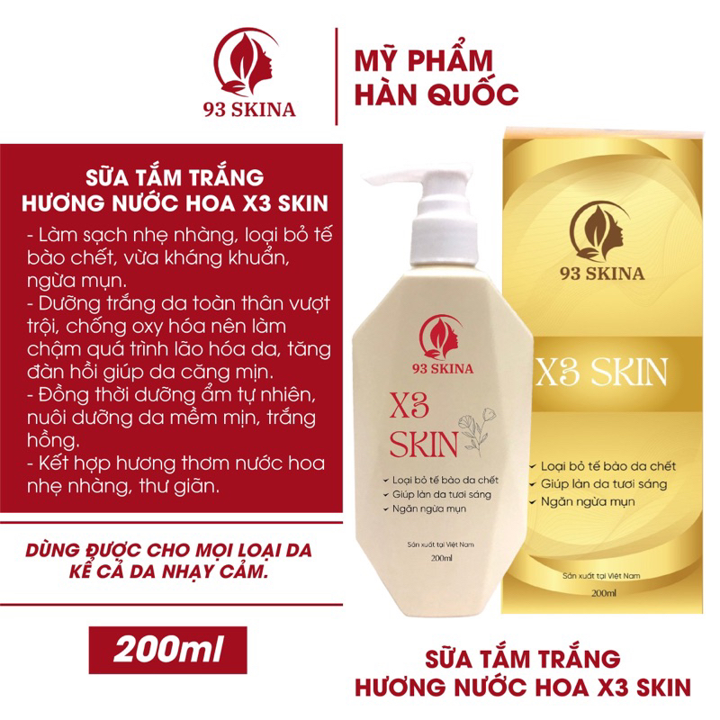 Sữa tắm trắng da hương nước hoa X3 Skin,dưỡng da dữ ẩm ,loại bỏ tế bào chết ,giúp da mềm mịn 93Skina