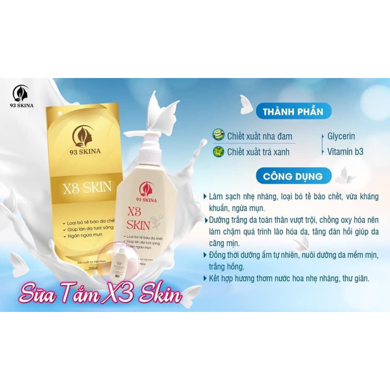 Sữa tắm trắng da hương nước hoa X3 Skin,dưỡng da dữ ẩm ,loại bỏ tế bào chết ,giúp da mềm mịn 93Skina