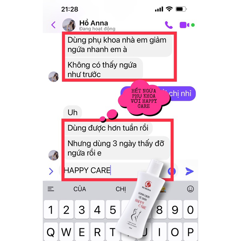 Dung dịch vệ dinh phụ nữ giúp làm sach và cân bằng độ PH ,giảm mùi ,ngứa HAPPY CARE 93 skina