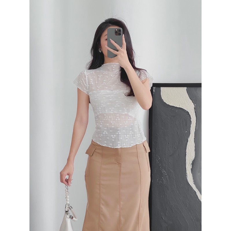 Áo kiểu nữ tay ngắn phong cách xuyên thấu, hoa nổi gợi cảm A58