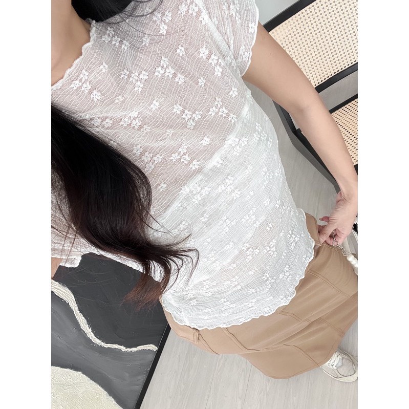 Áo kiểu nữ tay ngắn phong cách xuyên thấu, hoa nổi gợi cảm A58