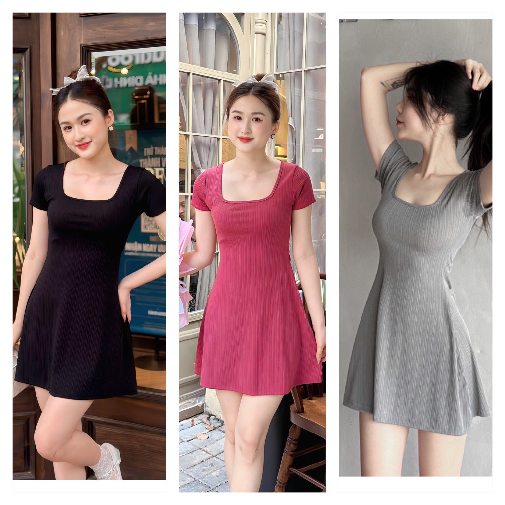 Đầm body nữ tay ngắn cổ vuông phong cách Hàn Quốc chất thun gân mềm mịn mát co dãn tốt A19