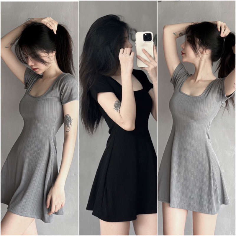 Đầm body nữ tay ngắn cổ vuông phong cách Hàn Quốc chất thun gân mềm mịn mát co dãn tốt A19