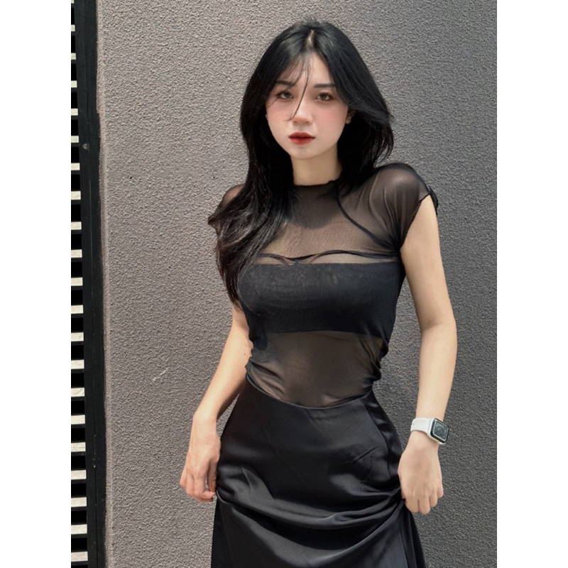 Áo lưới nữ ngắn tay cổ tròn có lớp lót dày dặn thiết kế ôm body tôn dáng chất vải voan lưới mềm mại thoáng mát C38