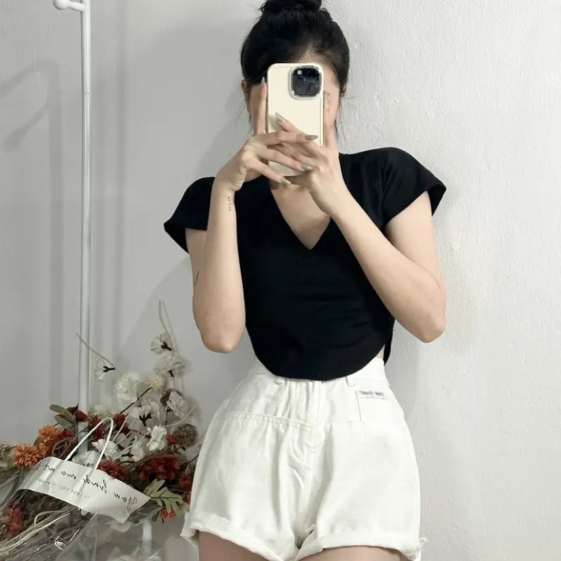 Áo phông cổ tim Croptop chất cotton mát phong cách Hàn Quốc A136