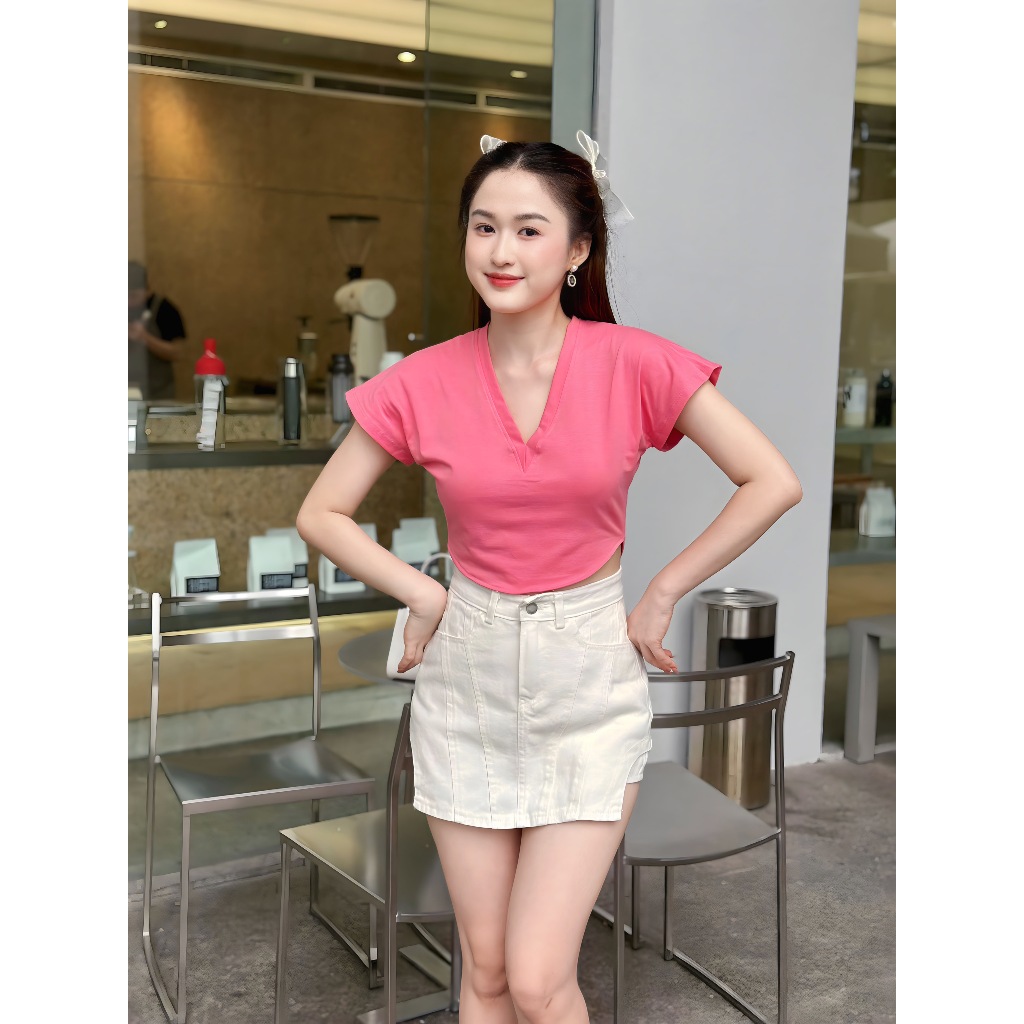Áo phông cổ tim Croptop chất cotton mát phong cách Hàn Quốc A136