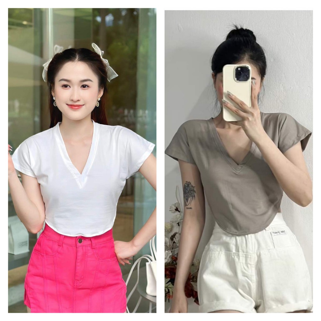 Áo phông cổ tim Croptop chất cotton mát phong cách Hàn Quốc A136