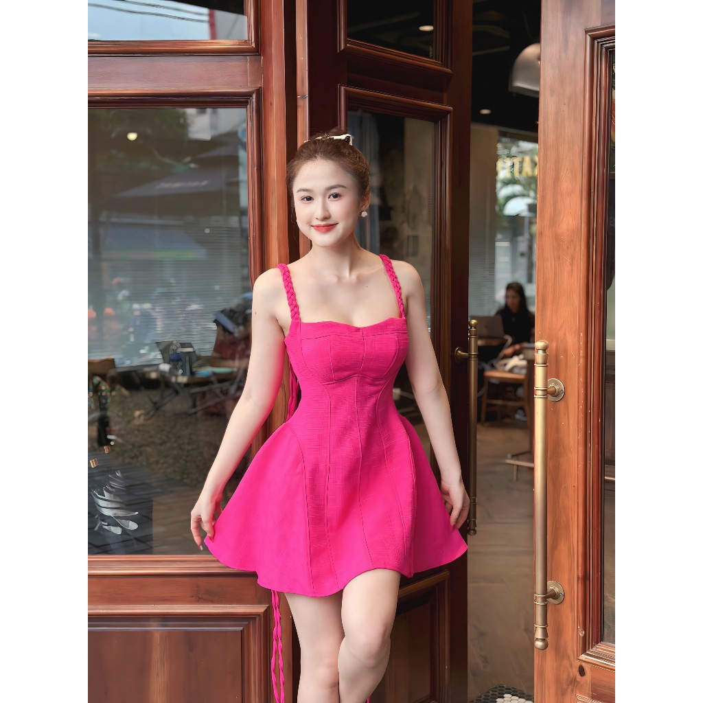 Đầm linen xước thắt dây điều chỉnh xinh xắn