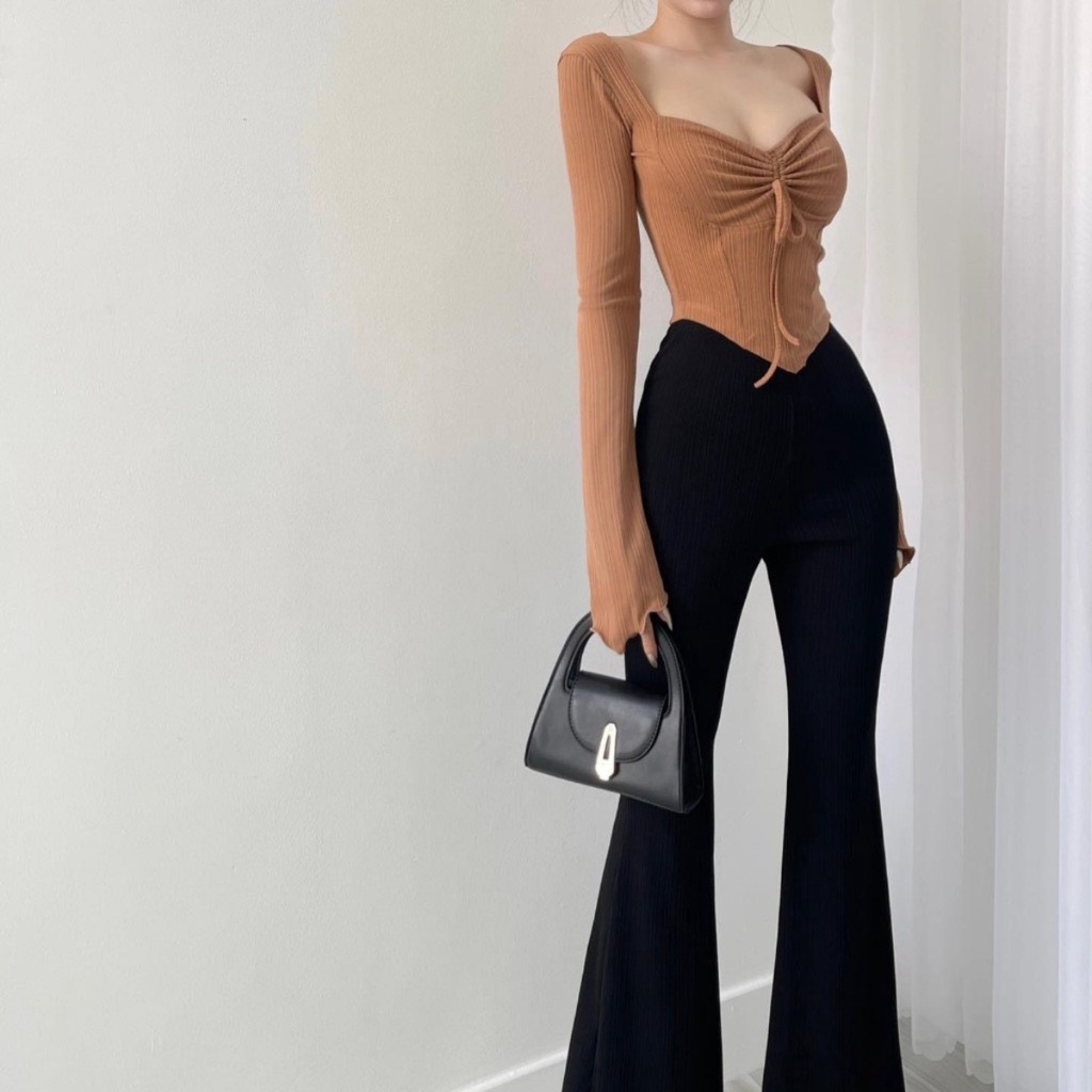Áo kiểu nữ tay dài  cổ vuông phối dây rút ngực gợi cảm A57