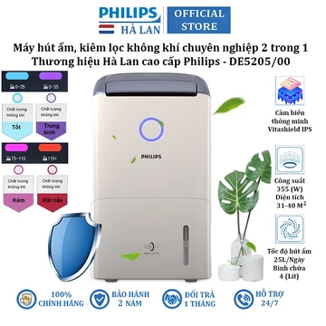 Máy lọc không khí kèm hút ẩm Philips DE5205/00 - Công suất 355W - Cảm biến chất lượng không khí 4 màu