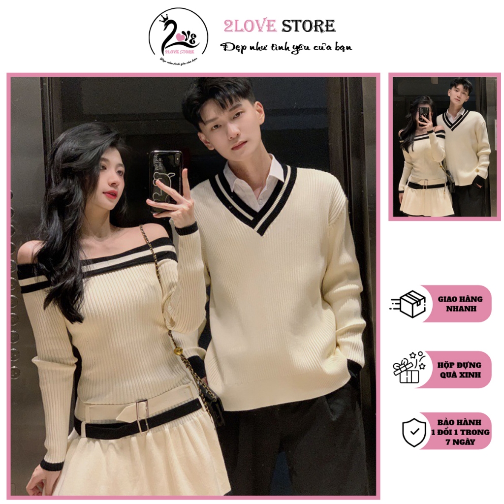 Đồ đôi nam nữ bộ đồ couple 2Love váy trễ vai nữ và áo len dài nam mùa ...