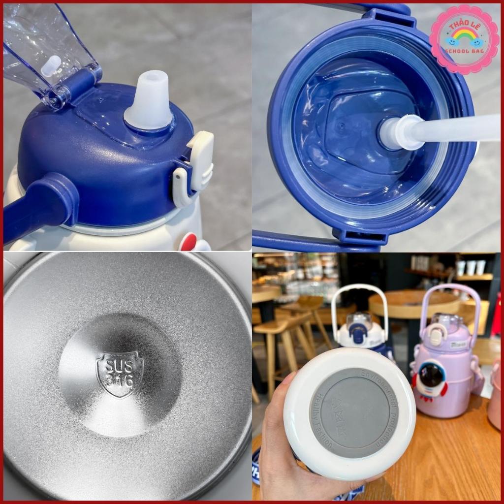 Bình giữ nhiệt cho bé đi học INOX 316 850ML bình nước trẻ em phi hành gia tàu vũ trụ có dây đeo có quà tặng kèm TL2316