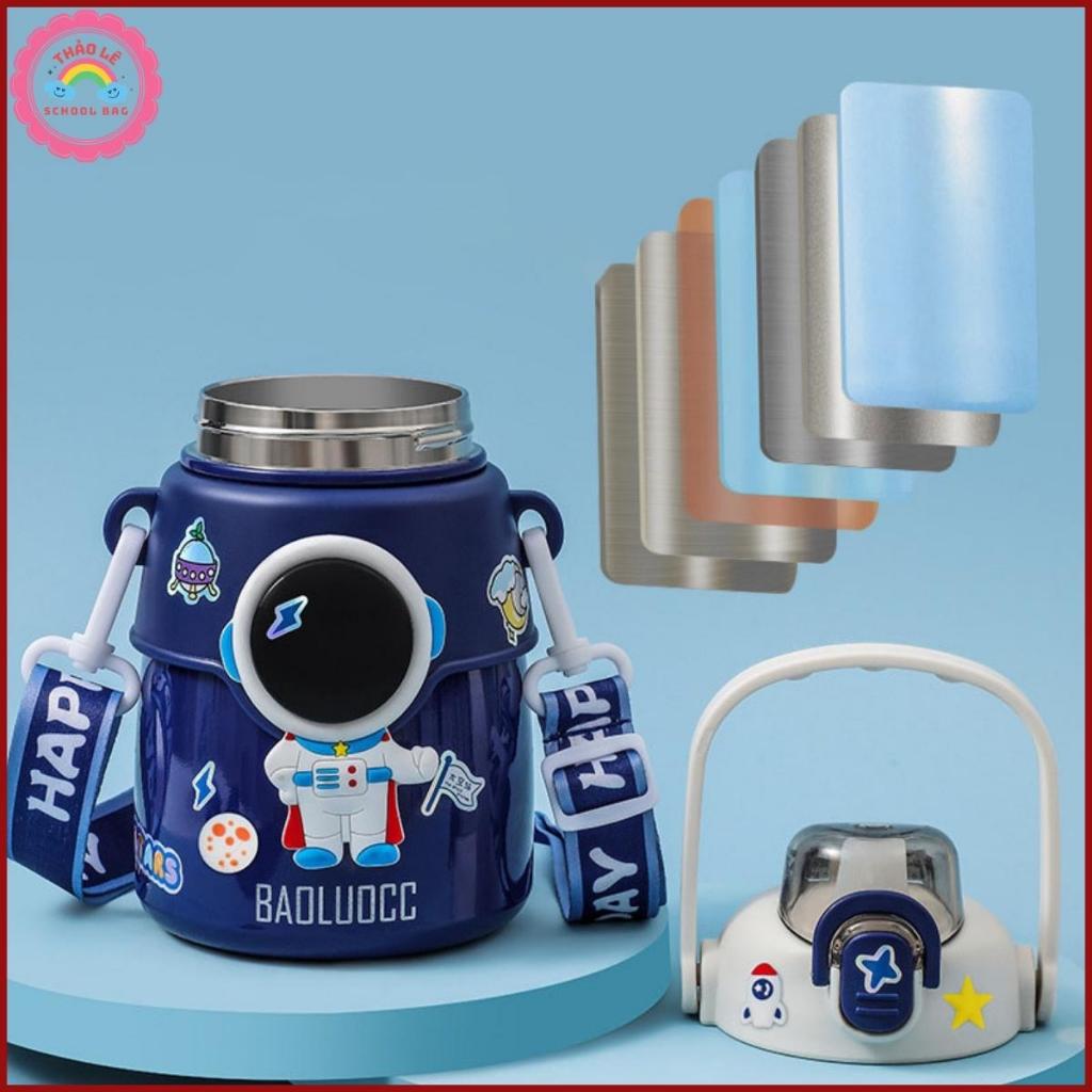 Bình giữ nhiệt cho bé đi học INOX 316 850ML bình nước trẻ em phi hành gia tàu vũ trụ có dây đeo có quà tặng kèm TL2316