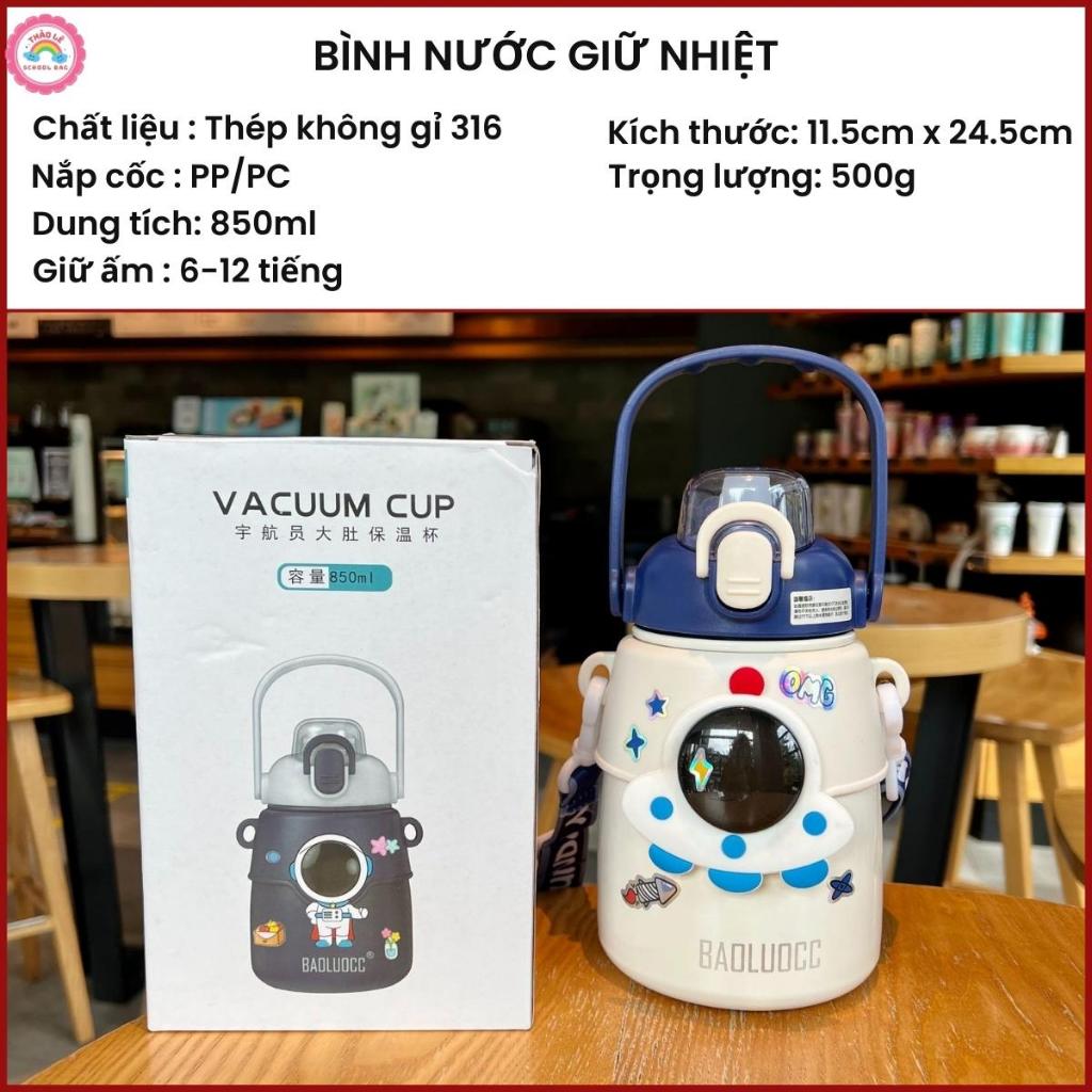Bình giữ nhiệt cho bé đi học INOX 316 850ML bình nước trẻ em phi hành gia tàu vũ trụ có dây đeo có quà tặng kèm TL2316