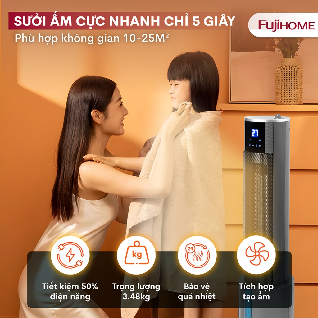 Máy sưởi gốm FH6000 tích hợp tạo ẩm FUJIHOME Nhập Khẩu điều khiển từ xa, quạt sưởi tiết kiệm điện heater