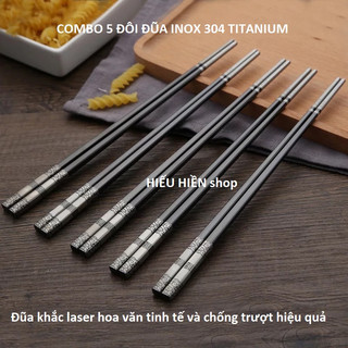 Combo 5 Đôi Đũa ĐEN PHÚC LÀNH Inox 304 Mạ Titanium - Hoa Văn Sang Trọng, Chống Trượt