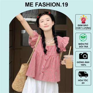 Áo kiểu babydoll dáng rộng tay cánh tiên cổ vuông hoạ tiết kẻ caro phong cách Hàn Quốc - me fashion