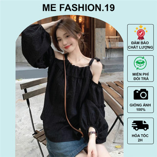 Áo trễ vai kiểu babydoll tay dài cổ yếm hở vai buộc dây chất liệu đũi gân phong cách Hàn Quốc - me fashion