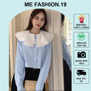 Áo sơ mi croptop kẻ sọc bèo lá cổ tiểu thư phong cách Hàn Quốc - me fashion