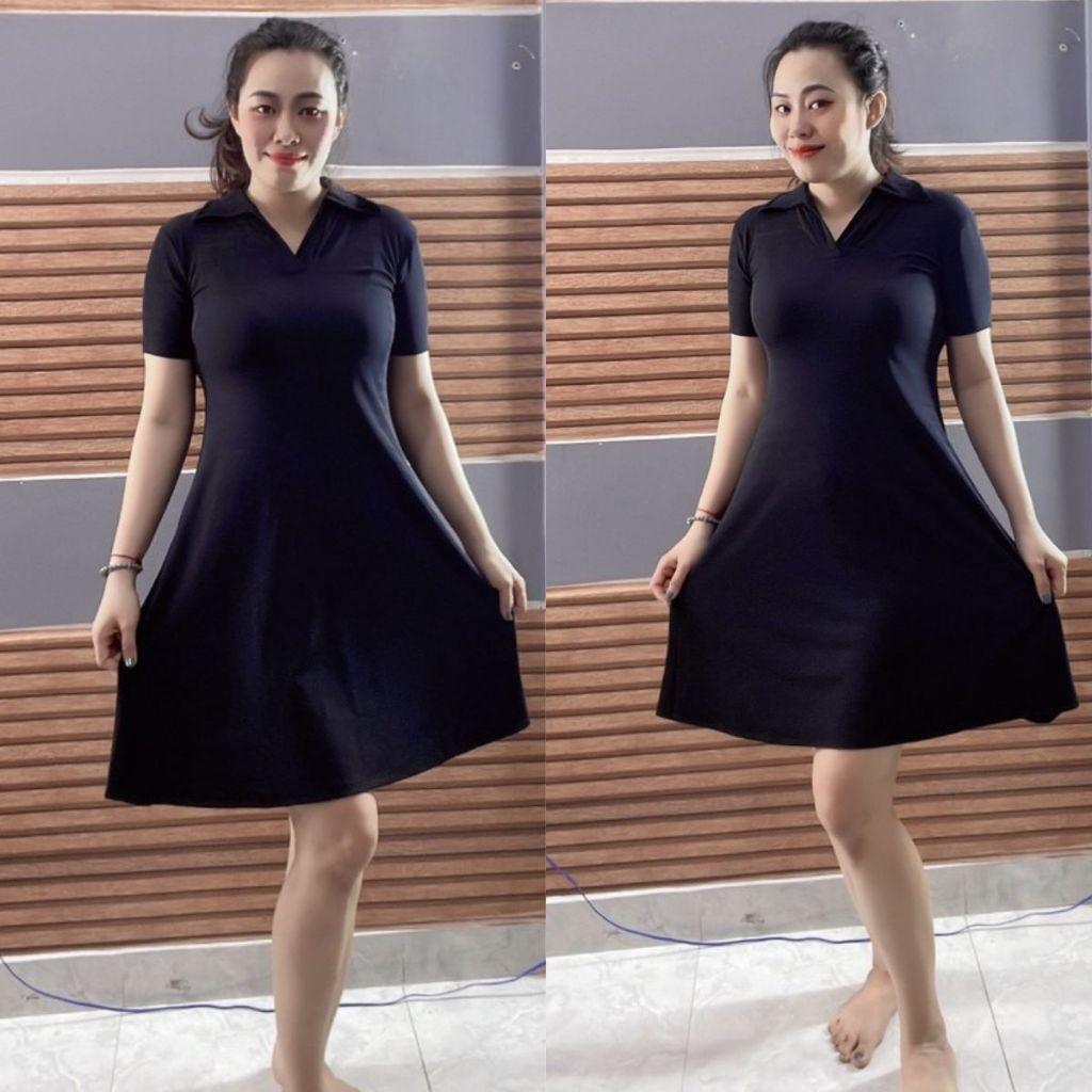 Đầm Dáng A Bigsize Nữ Thiết Kế Cổ Polo Trẻ Trung Năng Động Phù Hợp Mặc Quanh Năm 55-90KG Đâm Chữ A Cổ Trụ Sang Chảnh DA9