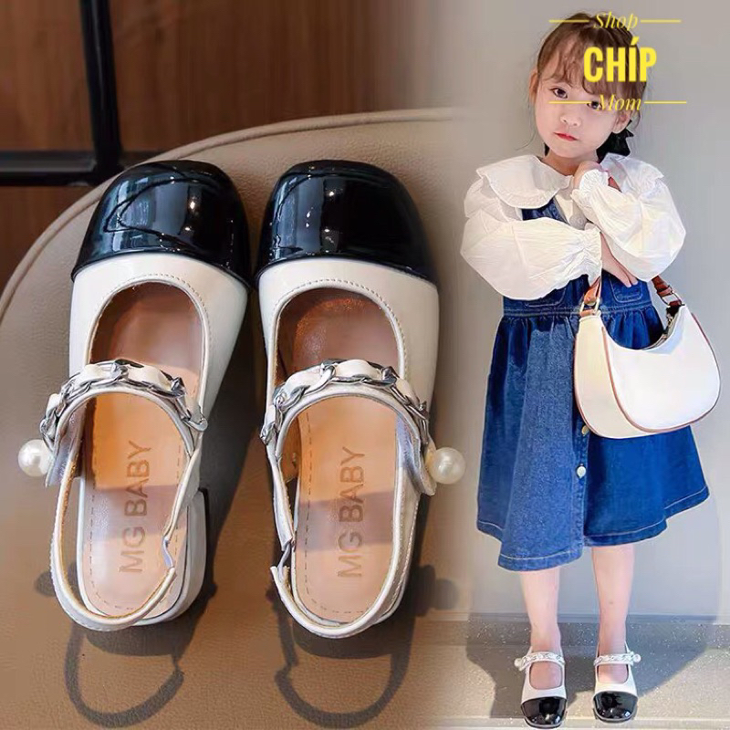 giày búp bê bé gái mũi đen da bóng mềm êm chân chống trượt QCCC có hộp cho bé từ 2 tuổi có size đại cống chúa tiệc V85
