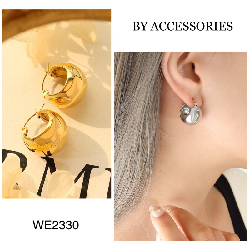 Bông tai nữ titan kiểu gài hình học dáng hạt đậu rỗng to mạ vàng 18K thời trang không gỉ WE2330