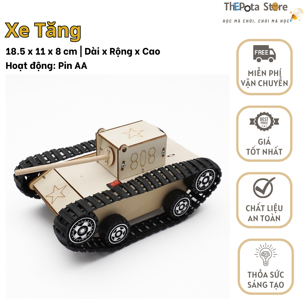 Đồ chơi khoa học - Đồ chơi gỗ lắp ghép xe tăng chạy bằng pin AA, đồ ...