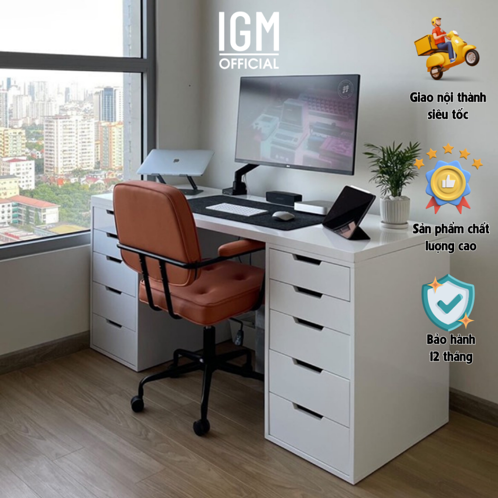 Bàn Làm Việc IGM 2 Hộc Tủ Trắng IGM Chất Liệu Gỗ MDF Phủ Melamine/ Gỗ Cao Su Cao Cấp