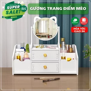 Kệ Mỹ Phẩm Tủ Đựng Đồ Trang Điểm Kệ Bút Để Bàn Trang Điểm Mini Có Gương Mèo 2 Ngăn Kéo Kèm Hộc Tủ Tiện Lợi