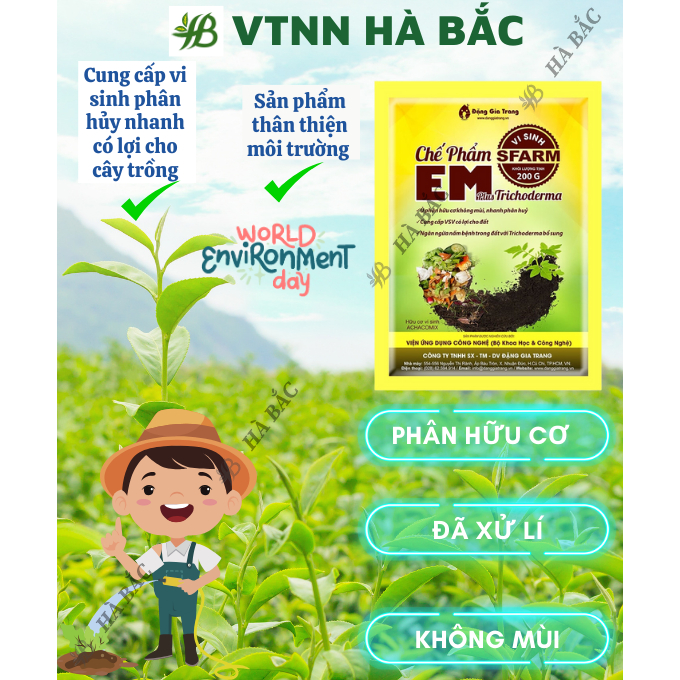 Chế Phẩm EM Plus Trichoderma SFARM Loại 200GR, Ủ Phân Hữu Cơ Không Mùi, VSV Có Lợi, Ngừa Nấm Bệnh