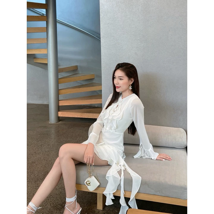 RÊVER Đầm dự tiệc đầm nữ cao cấp trắng đen tay dài tua rua dự tiệc đi biển Mermaid Dress