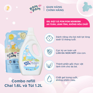 Nước Giặt Xả Pom Pom Newborn [Can 1.6L+1.2L] An toàn cho bé mới lọt lòng Sạch Sâu Nôn trớ Ọc sữa Hương Phấn NB16 NB12