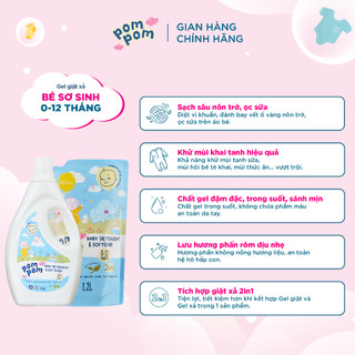 Nước Giặt Xả Pom Pom Newborn [Can 1.6L+1.2L] An toàn cho bé mới lọt lòng Sạch Sâu Nôn trớ Ọc sữa Hương Phấn NB16 NB12