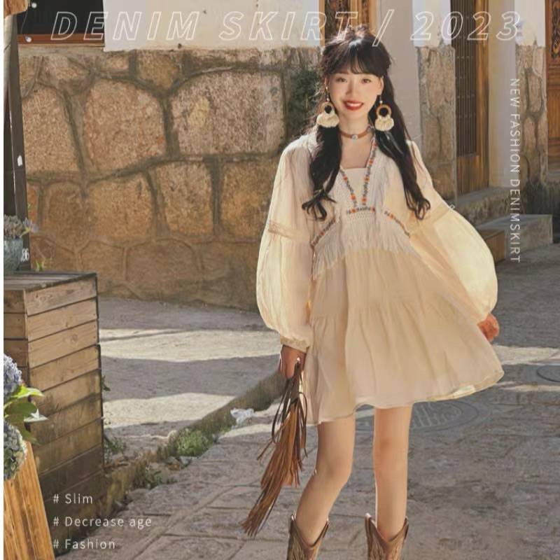 Đầm Baby Màu Be Nàng Thơ Thổ Cẩm Tay Dài Dáng Xoè