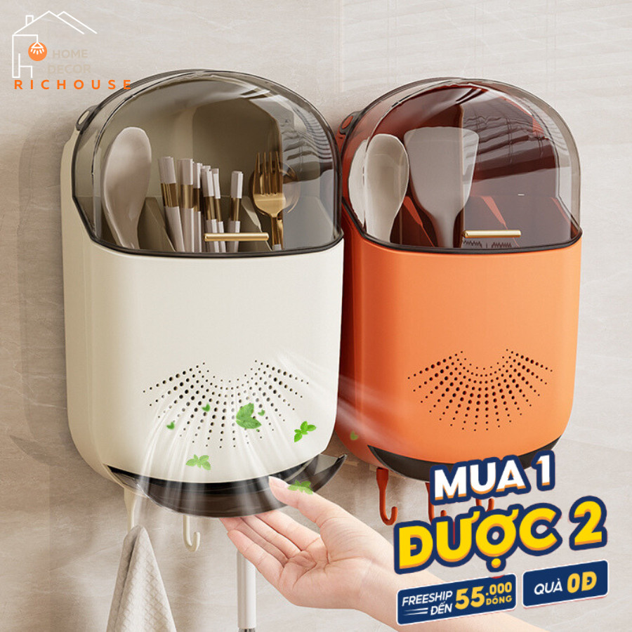 Hộp đựng đũa muỗng có nắp đậy gắn tường, ống đựng đũa treo tường chống bụi tích hợp móc treo