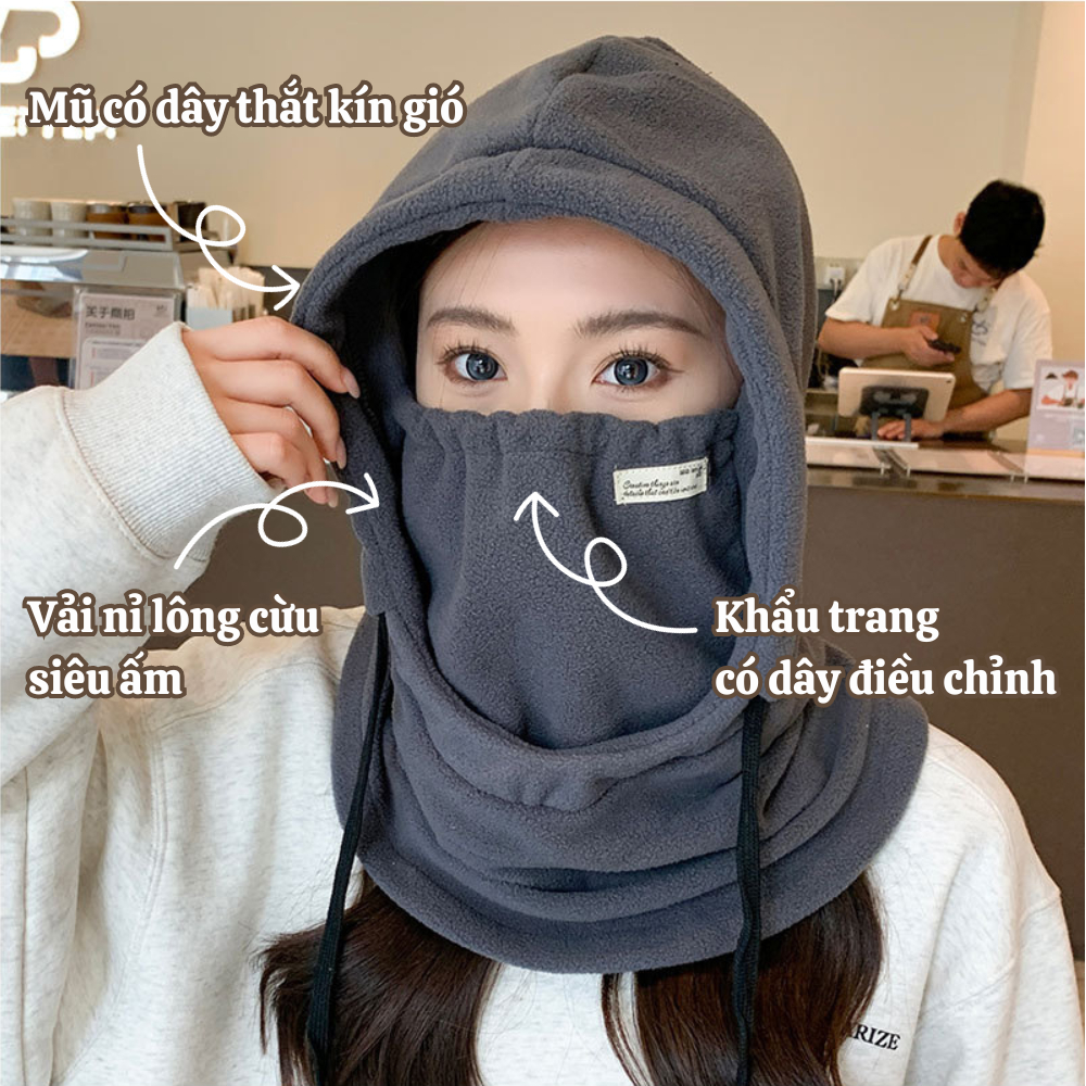 Mũ Trùm Đầu Mùa Đông Nỉ Lông Cừu Chống Gió Giữ Ấm Kiểu Dây Rút, Mũ Lông Cừu Dày Mịn Ấm Áp