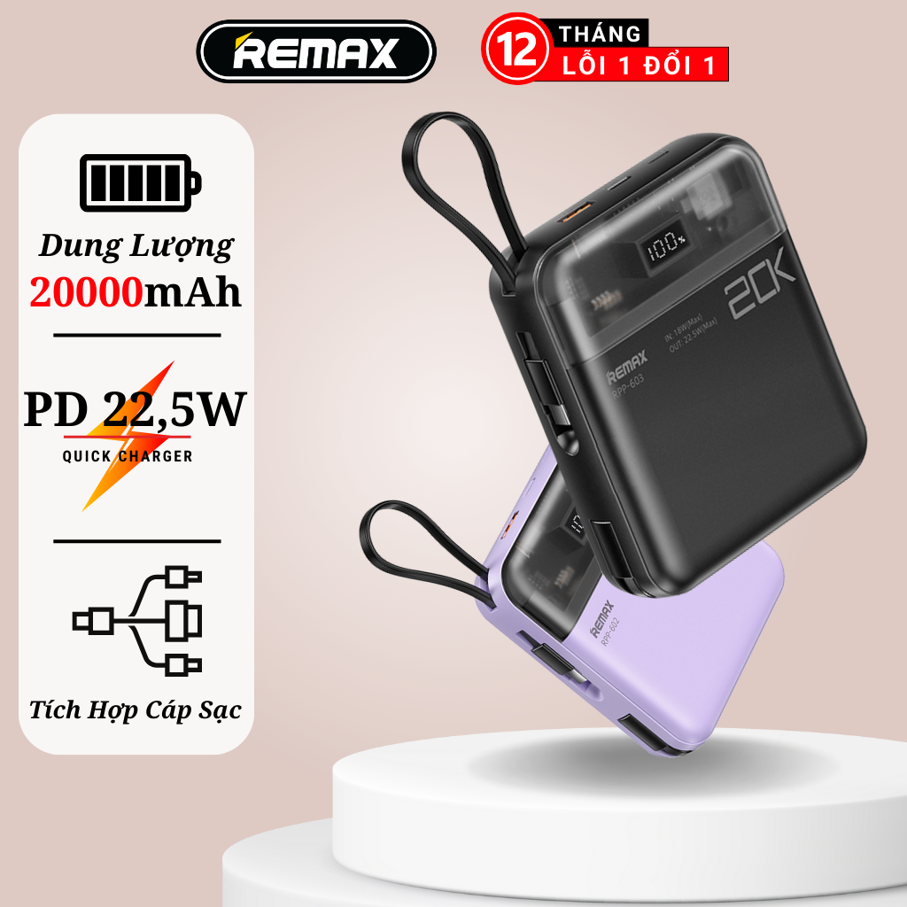 Pin sạc dự phòng 20000mAh Remax RPP-603 có sẵn 2 dây sạc type c 22,5w ...