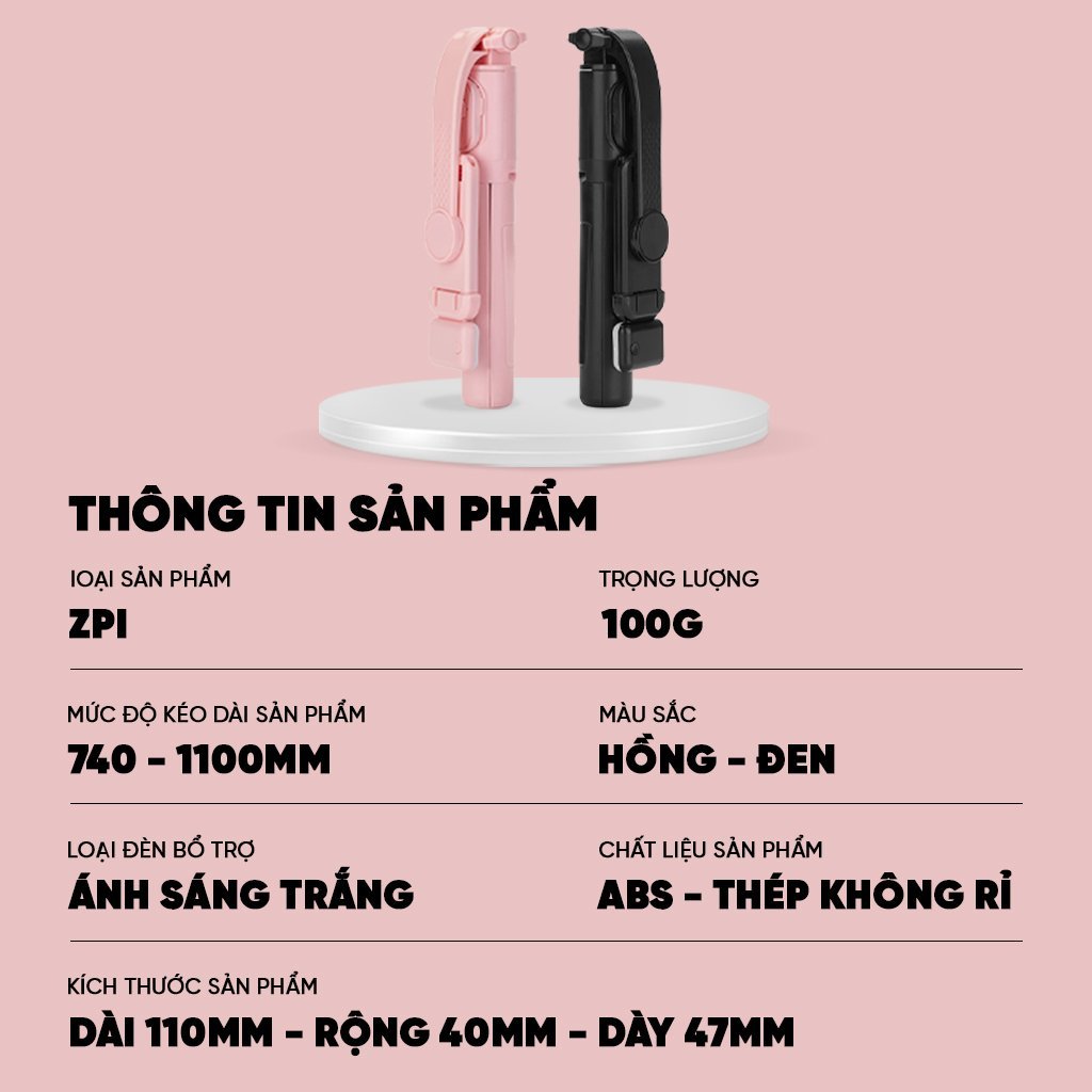 Gậy chụp hình gấp gọn, có remote kết nối bluetooth và đèn LED trợ sáng, quay được 360 độ.