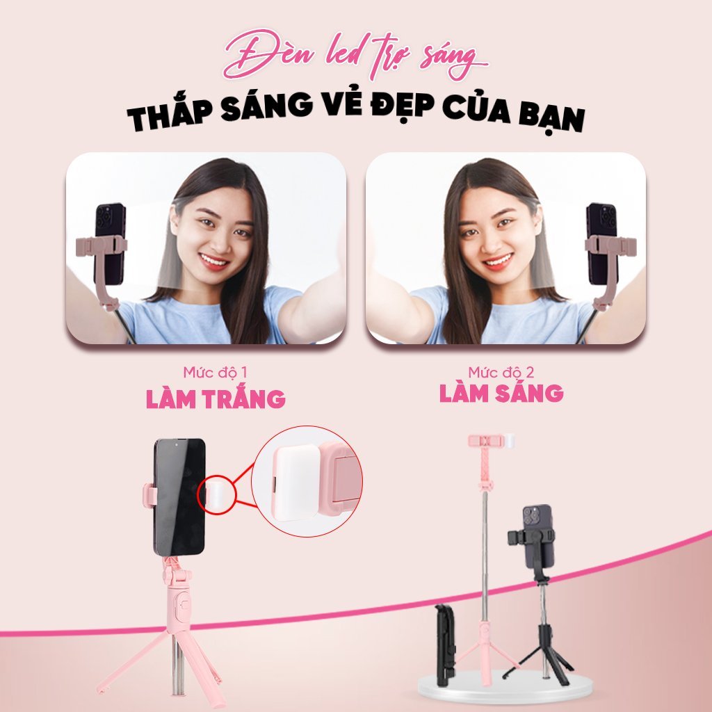 Gậy chụp hình gấp gọn, có remote kết nối bluetooth và đèn LED trợ sáng, quay được 360 độ.