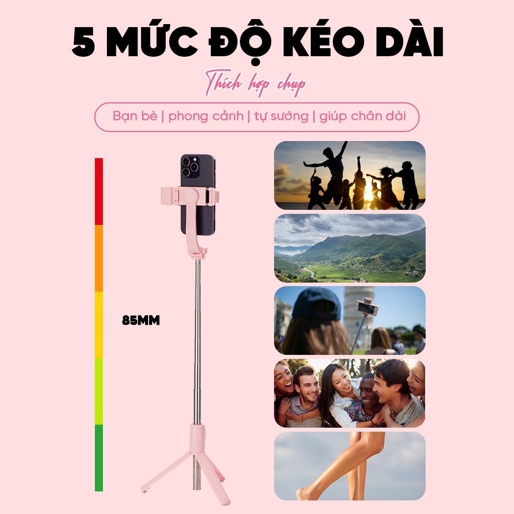 Gậy chụp hình gấp gọn, có remote kết nối bluetooth và đèn LED trợ sáng, quay được 360 độ.