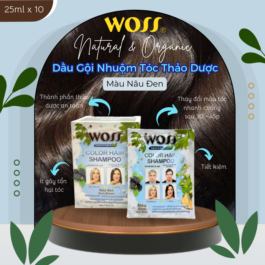 GÓI DẦU GỘI NHUỘM TÓC THẢO DƯỢC CHIẾT XUẤT THIÊN NHIÊN WOSS - ĐEN, NÂU ĐEN, NÂU SÁNG