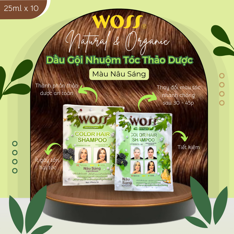 GÓI DẦU GỘI NHUỘM TÓC THẢO DƯỢC CHIẾT XUẤT THIÊN NHIÊN WOSS - ĐEN, NÂU ĐEN, NÂU SÁNG