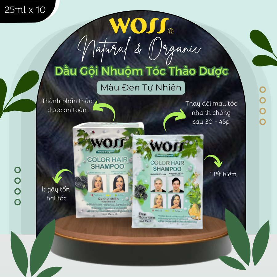 GÓI DẦU GỘI NHUỘM TÓC THẢO DƯỢC CHIẾT XUẤT THIÊN NHIÊN WOSS - ĐEN, NÂU ĐEN, NÂU SÁNG