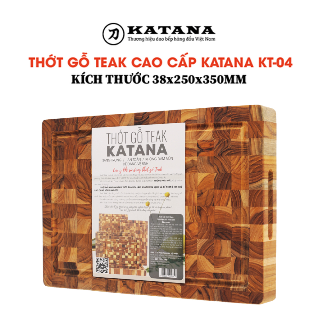 Thớt Băm Chặt Thái Bằng Gỗ Teak Cao Cấp KATANA Chính Hãng Cỡ Lớn Size Dày 3.8cm - KT04 25x35x3.8cm