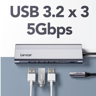 Bộ chia cổng USB 7 in 1 Lexar Hub H31, 3 cổng USB 3.2, 1 cổng HDMI 2.0, 1 cổng sạc nhanh 100W, khe thẻ nhớ Micro SD/ SD