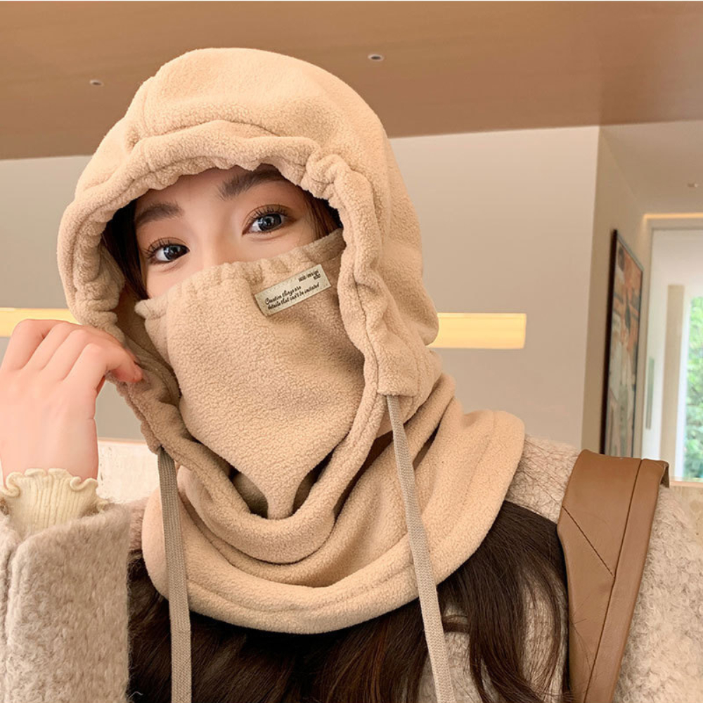 Mũ Trùm Đầu Mùa Đông Nỉ Lông Cừu Chống Gió Giữ Ấm Kiểu Dây Rút, Mũ Lông Cừu Dày Mịn Ấm Áp